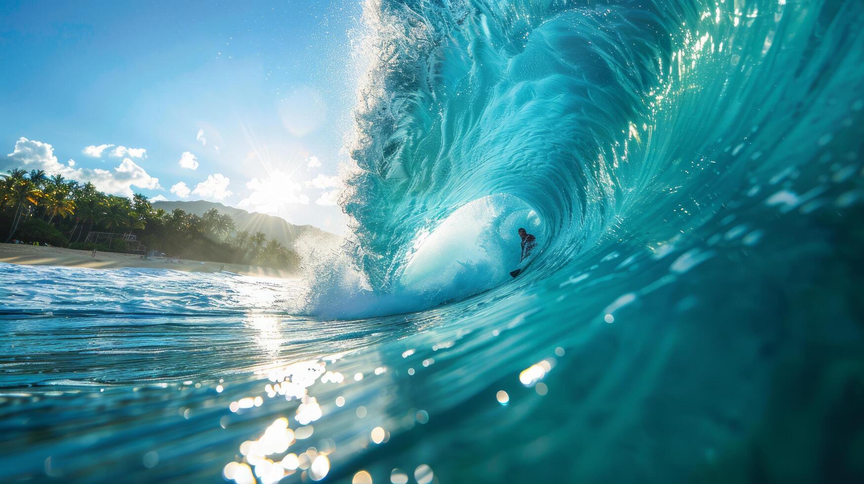 ai generado hombre montando ola en tabla de surf foto