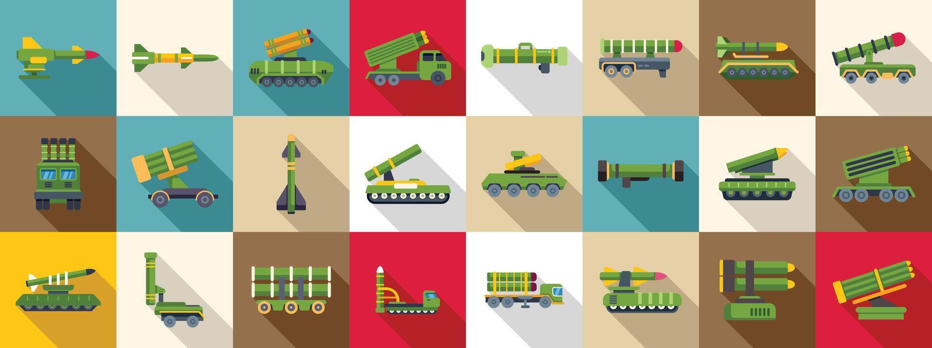 Anti aircraft missile system icons set flat vector. Artillery gun vector