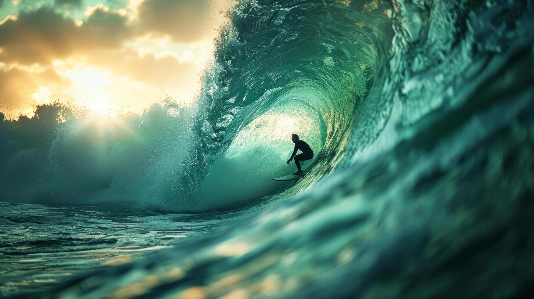 ai generado hombre montando ola en tabla de surf foto