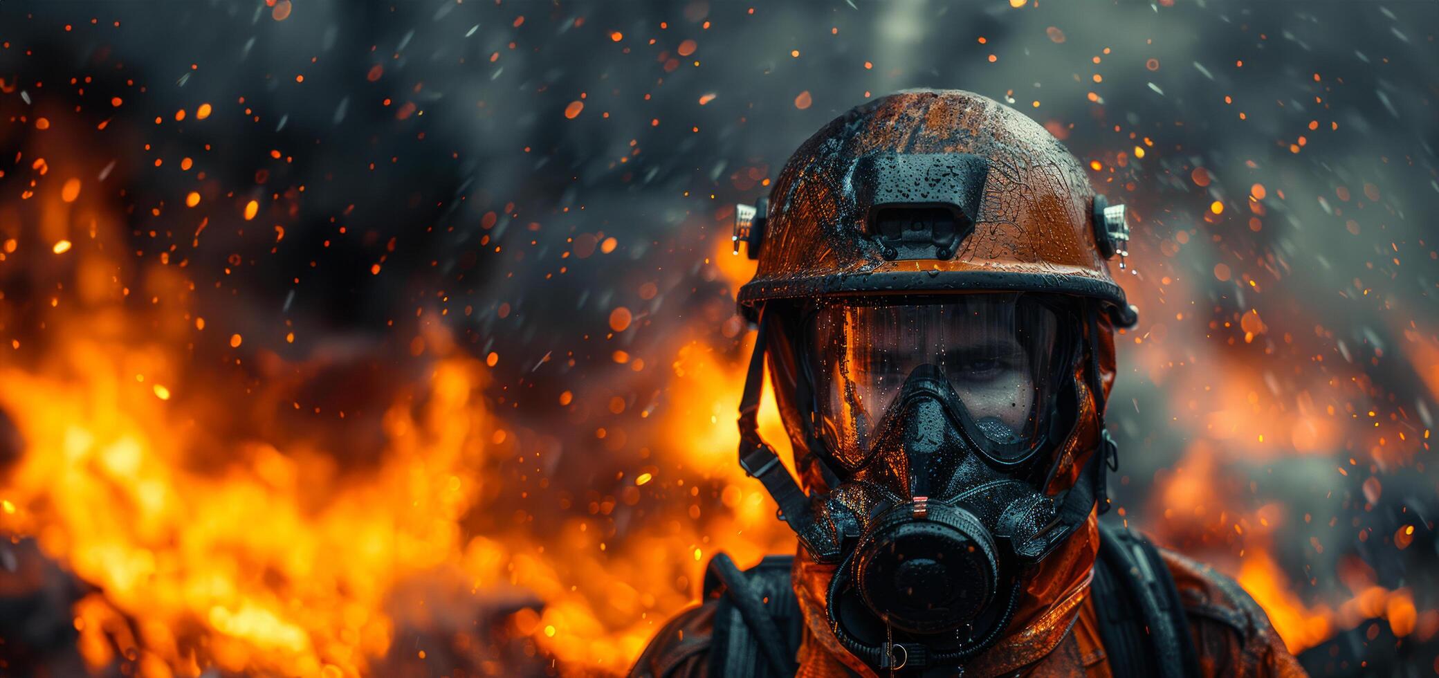 AI generated Man in Gas Mask Standing in Front of Fire photo