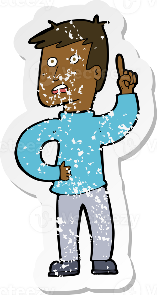 retro distressed sticker of a cartoon boy with idea png