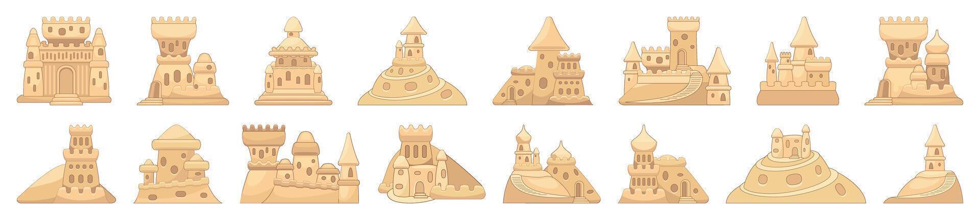 Castle sand icons set cartoon vector. Beach toy childhood vector