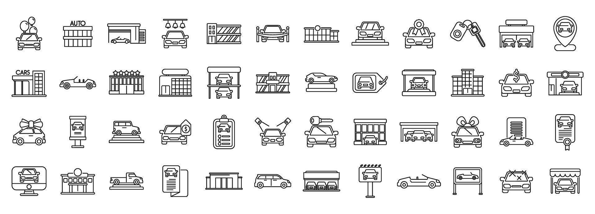 Car showroom icons set outline vector. Building dealer auto vector