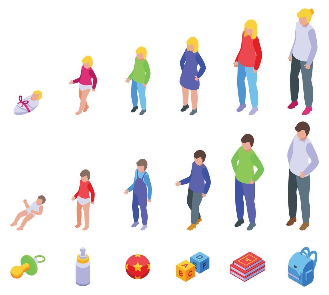 Baby growth process icons set isometric vector. Newborn toddler vector