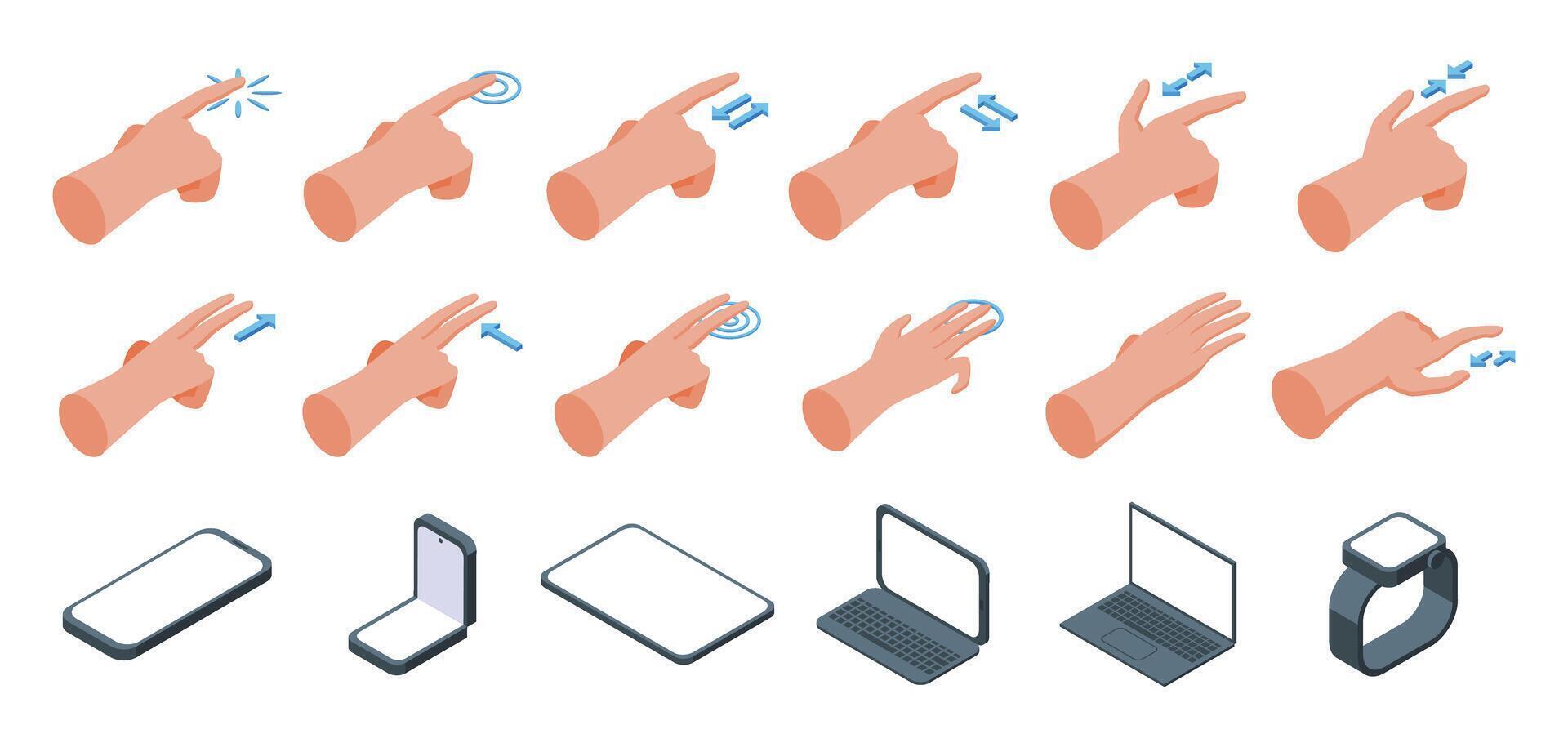Drag drop icons set isometric vector. Touch hand screen vector