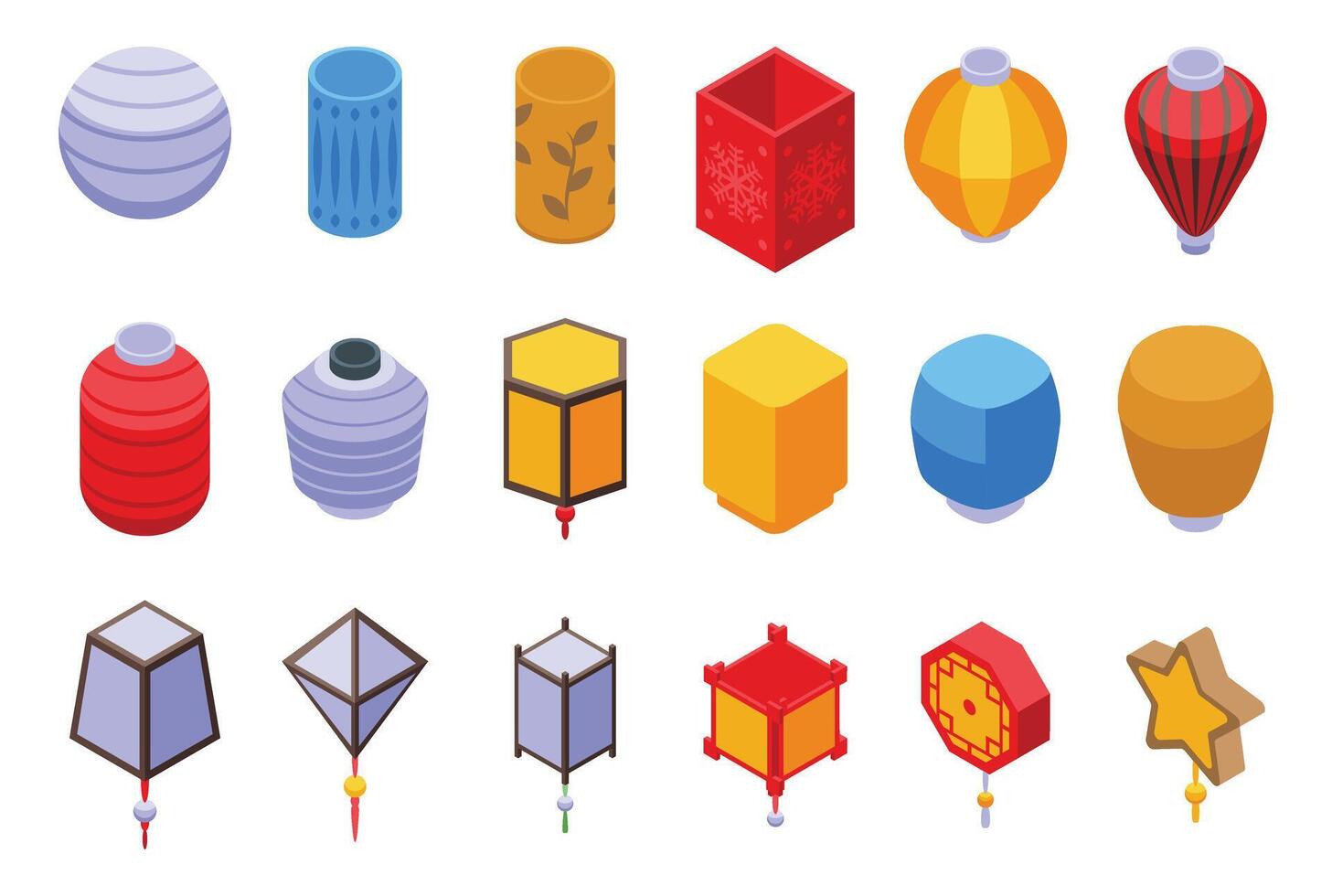 Paper glowing lantern icons set isometric vector. Floating light fire vector