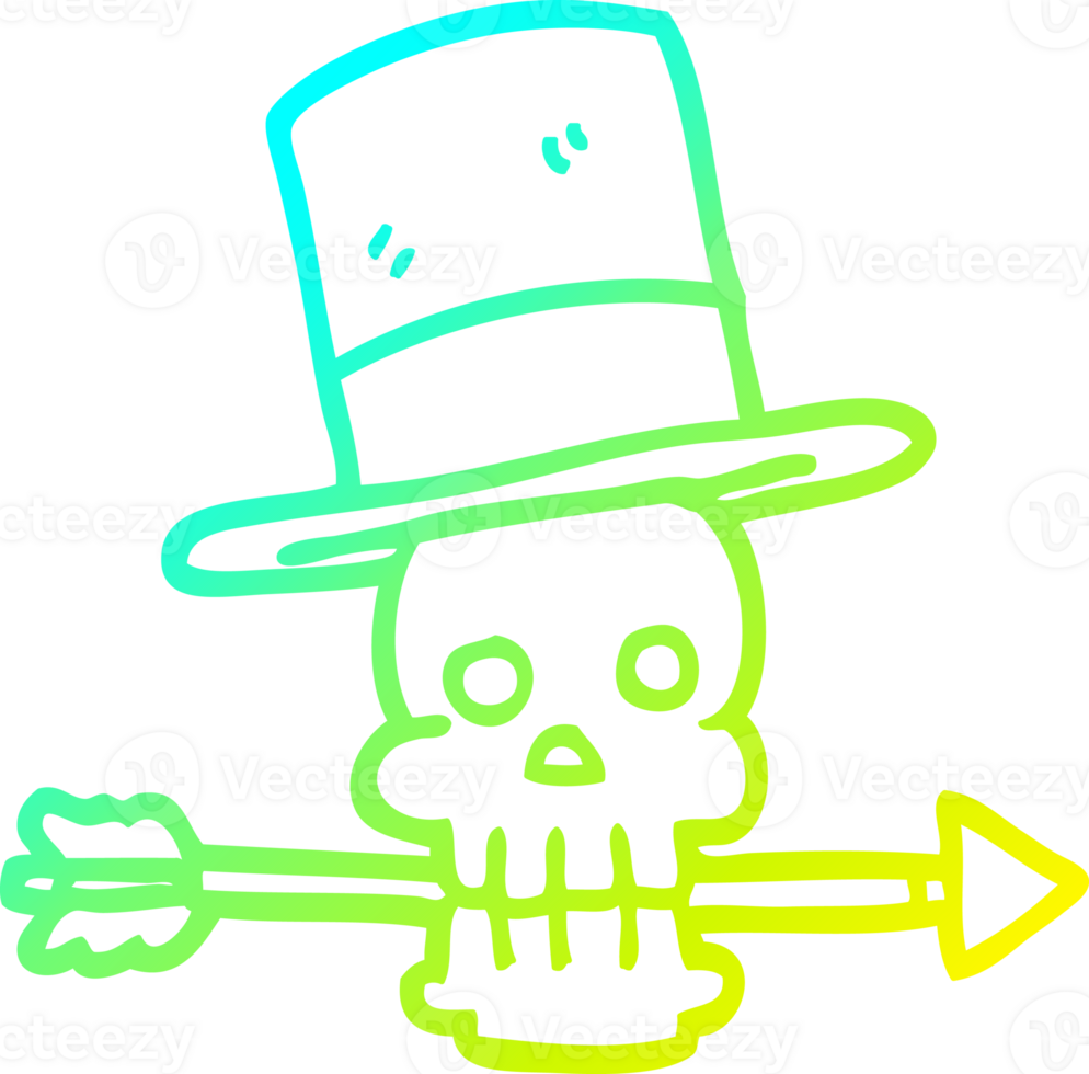cold gradient line drawing of a cartoon skull with top hat and arrow png