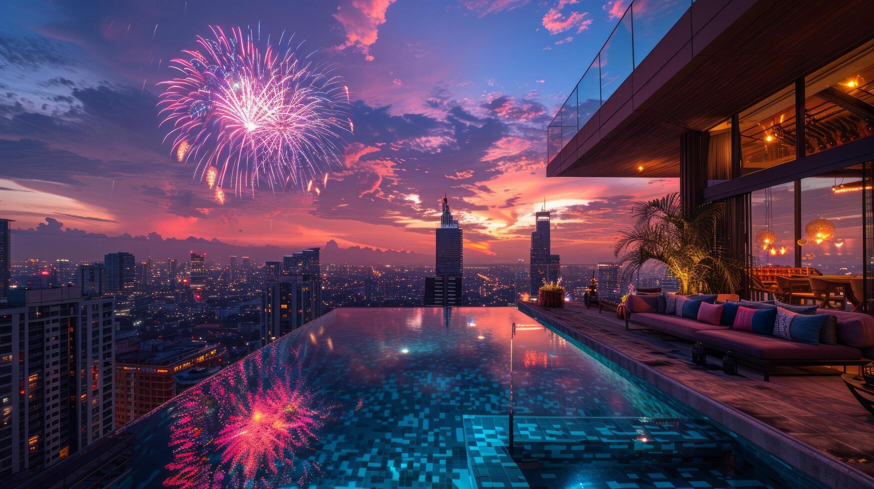 AI generated City Night View From Pool photo