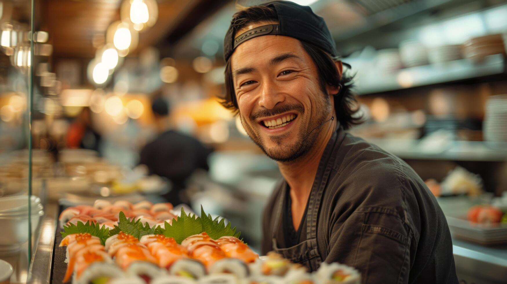 AI generated Man Standing in Front of Sushi Display photo