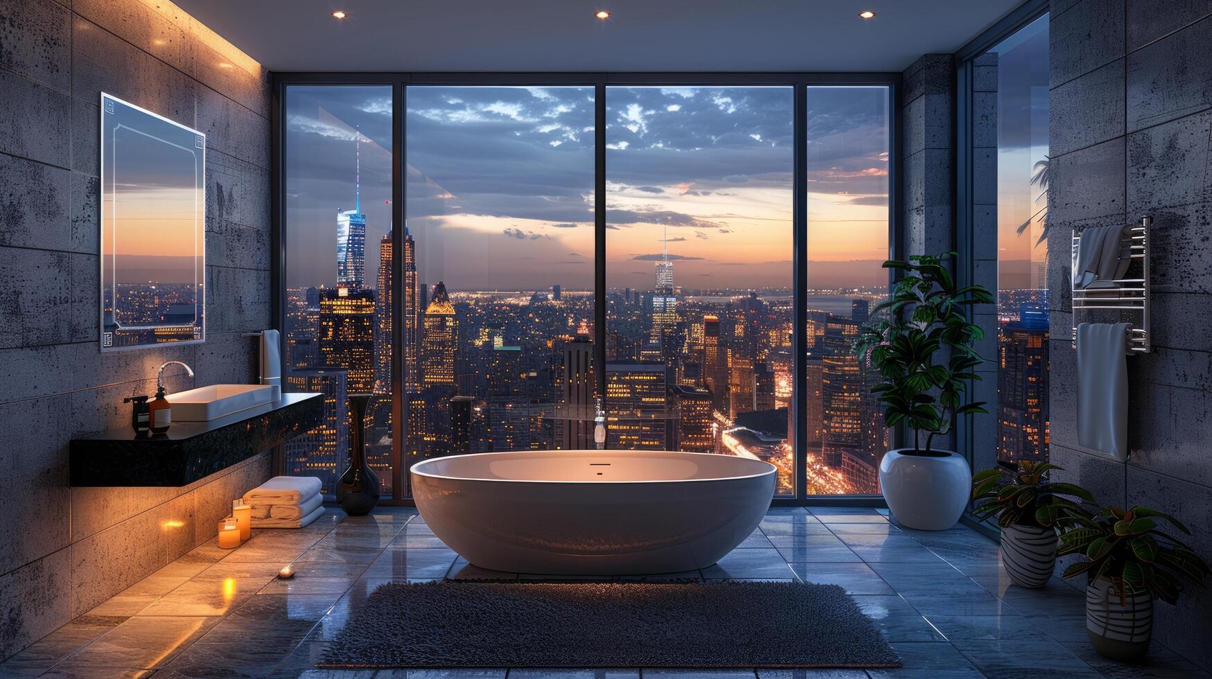 AI generated Luxurious Bathroom With Tub and City View photo