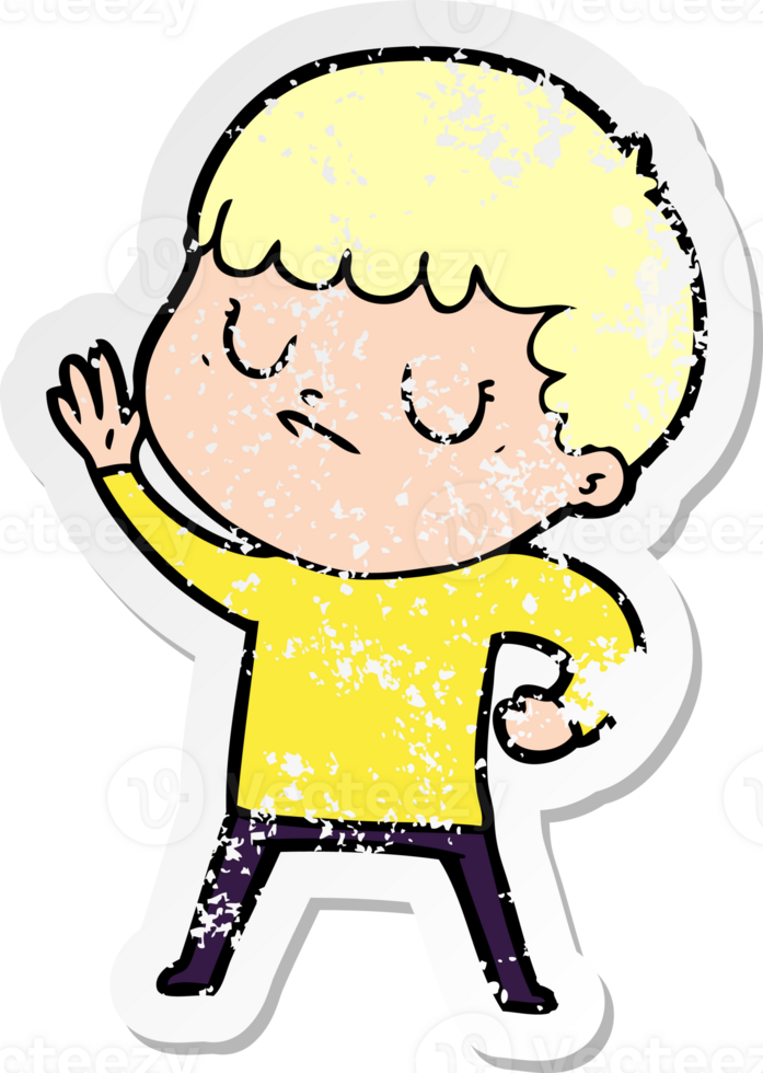 distressed sticker of a cartoon grumpy boy png