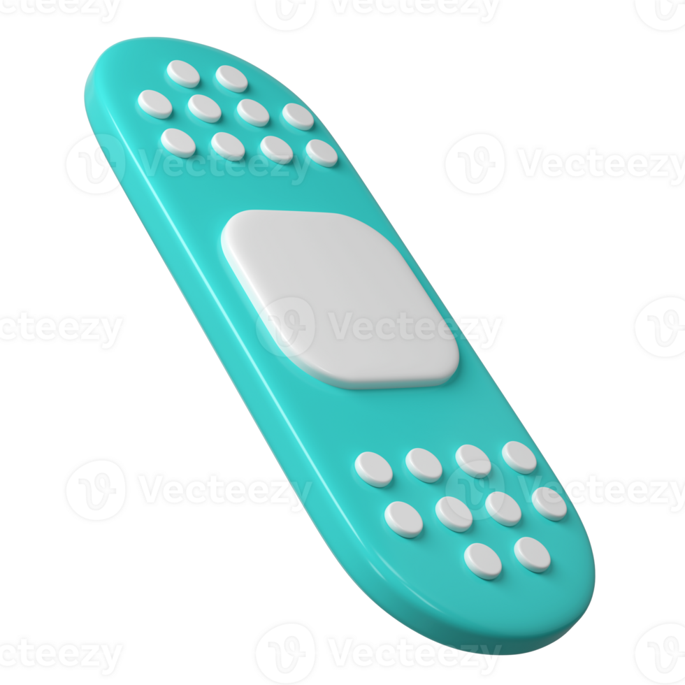 3d medical plaster icon. Rendering illustration of sticky medic bandage. Turquoise and white color medic recovery patch in cute cartoon design. First aid concept png