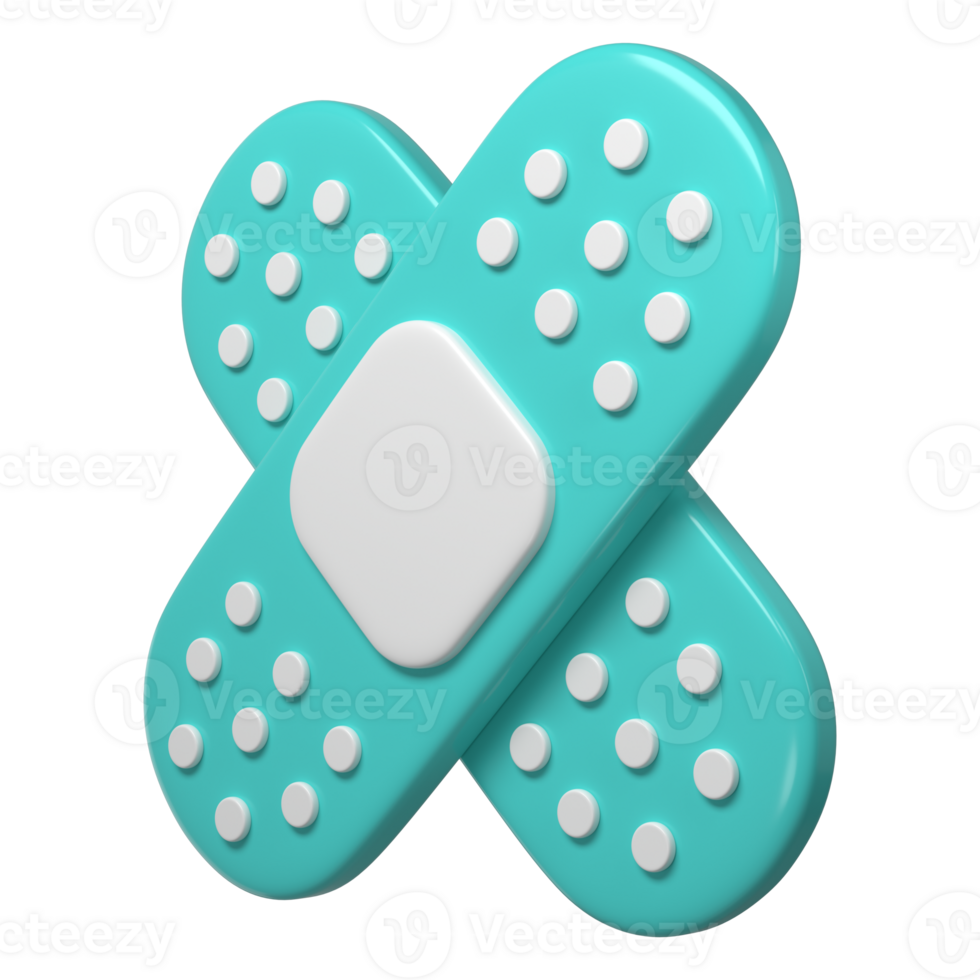 3d medical two cross plasters icon. Rendering illustration of sticky medic bandage. Turquoise and white color medic recovery patch in cute cartoon design. First aid concept png
