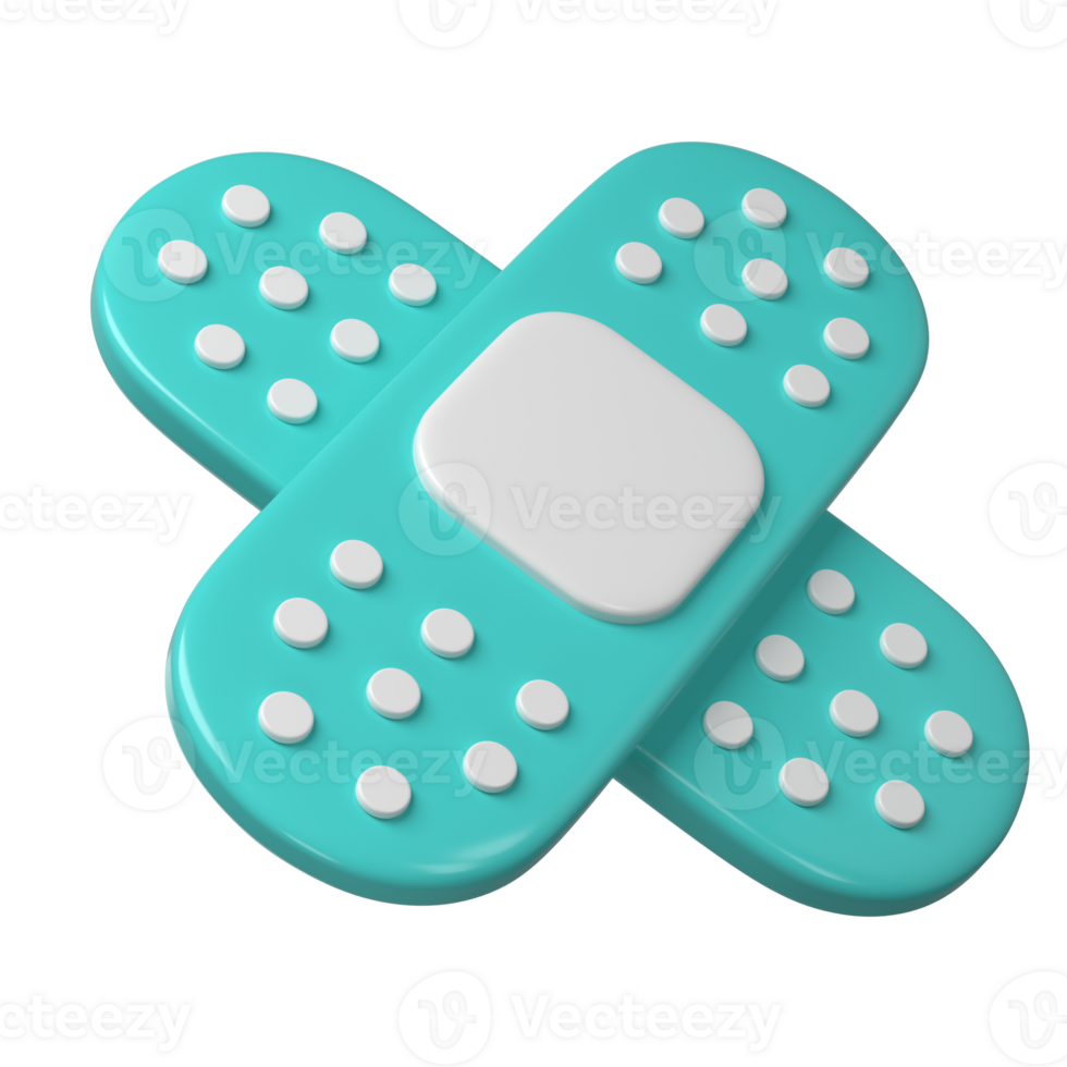 3d medical two cross plasters icon. Rendering illustration of sticky medic bandage. Turquoise and white color medic recovery patch in cute cartoon design. First aid concept png