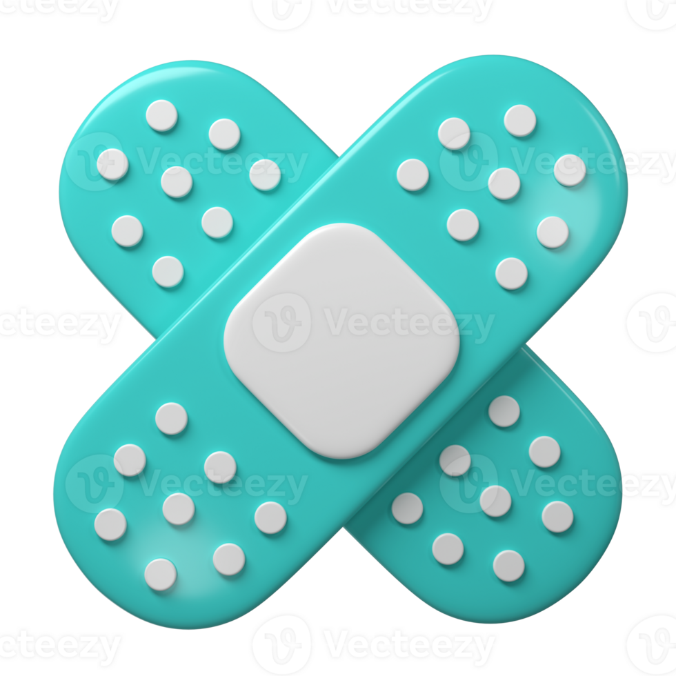 3d medical two cross plasters icon. Rendering illustration of sticky medic bandage. Turquoise and white color medic recovery patch in cute cartoon design. First aid concept png