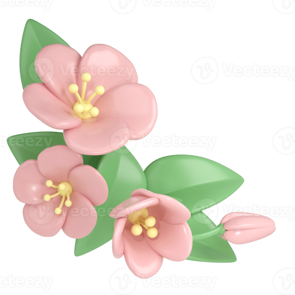 3d pastel pink corner divider cherry flowers, botanical spring arrangement, floral clip art, bouquet element decor illustration png