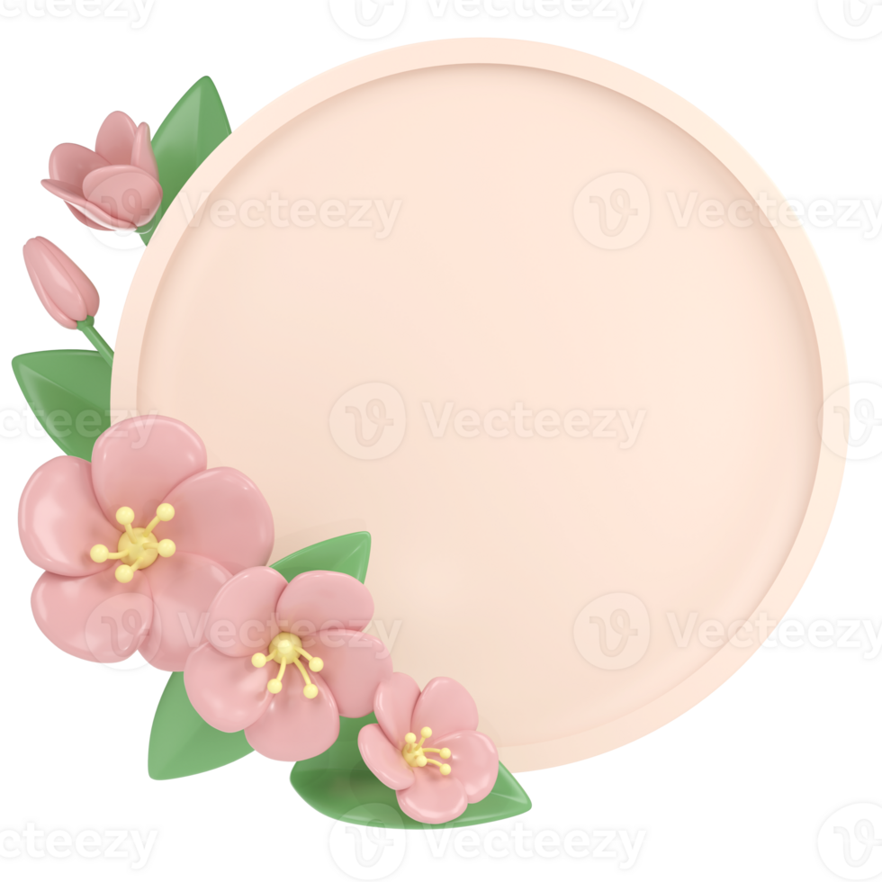 3d pastel pink corner cherry flowers with round frame, botanical spring arrangement, floral clip art, bouquet element decor illustration png