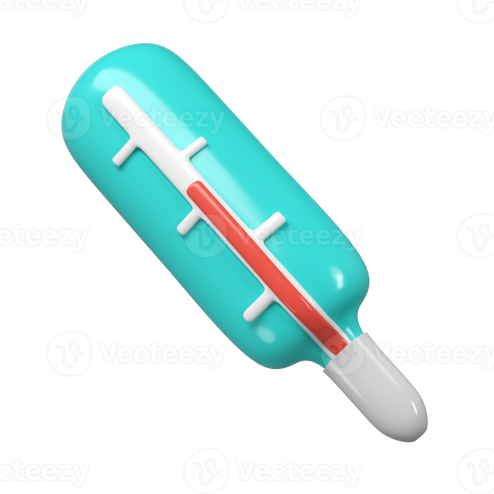 3d medical mercury thermometer icon healthcare. Rendering illustration of medicine diagnostic instrument to temperature measurement in turquoise color. Cute cartoon design. Healthcare tool png