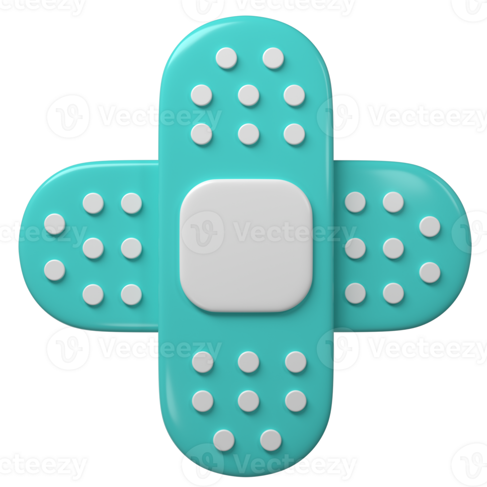 3d medical two cross plasters icon. Rendering illustration of sticky medic bandage. Turquoise and white color medic recovery patch in cute cartoon design. First aid concept png