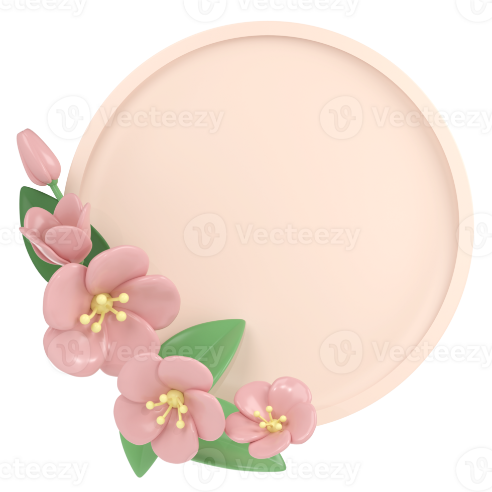 3d pastel pink corner cherry flowers with round frame, botanical spring arrangement, floral clip art, bouquet element decor illustration png