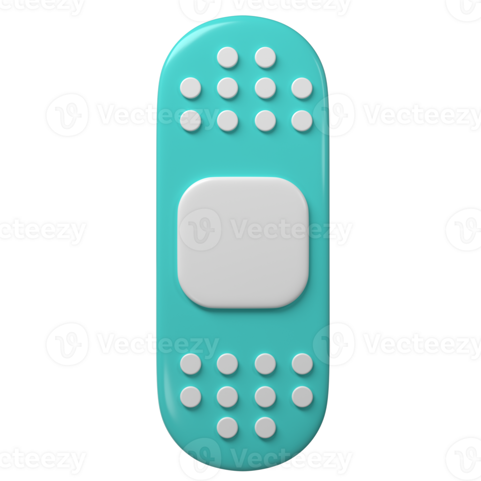 3d medical plaster icon. Rendering illustration of sticky medic bandage. Turquoise and white color medic recovery patch in cute cartoon design. First aid concept png