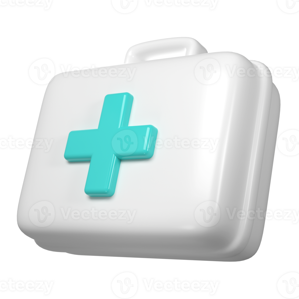 3d rendering of first aid medical box with turquoise cross icon. Healthcare industry supplies and drugs png