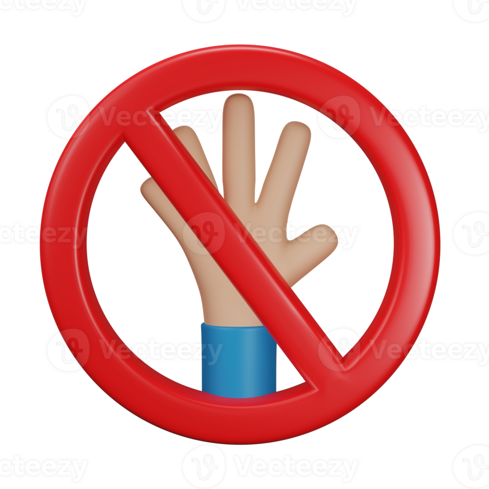 3D Render, 3D Illustration. Hand and stop symbol for prohibited activities, Stop sign, No entry, do not touch icon, Isolated on transparent background. png