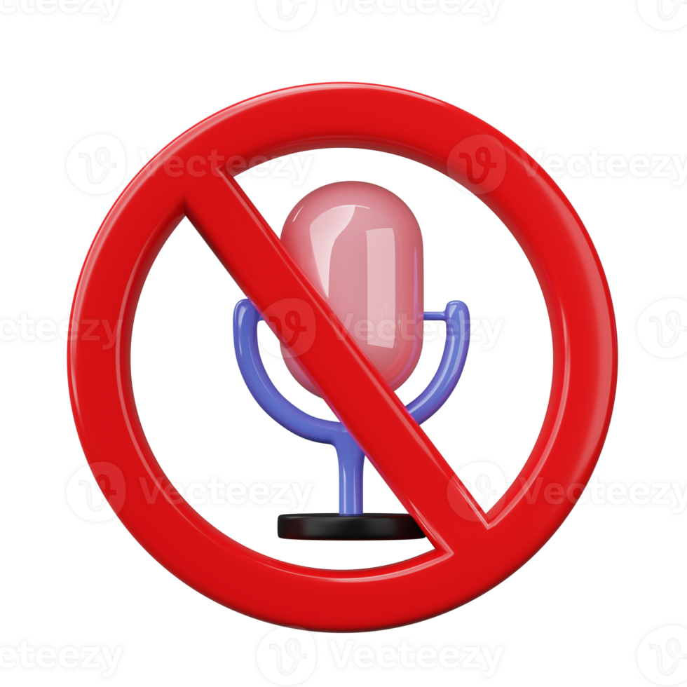 3D Render, 3D Illustration. Prohibition, mute, no microphone icon isolated on transparent background. No audio recording png