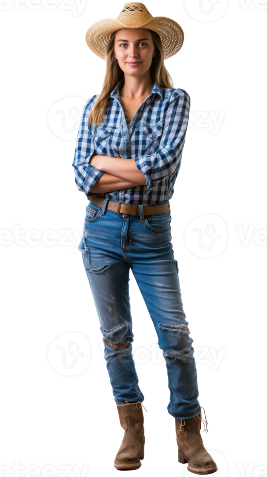 AI generated Smiling young woman in denim overalls and straw hat on transparent background png