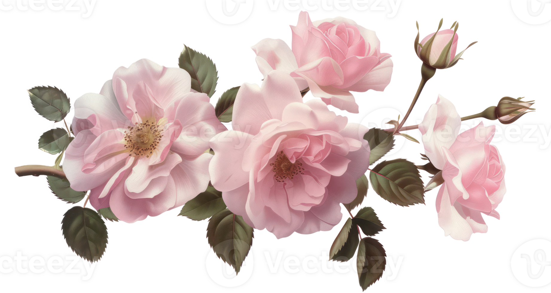 AI generated Lush pink roses with green leaves in full bloom on transparent background png