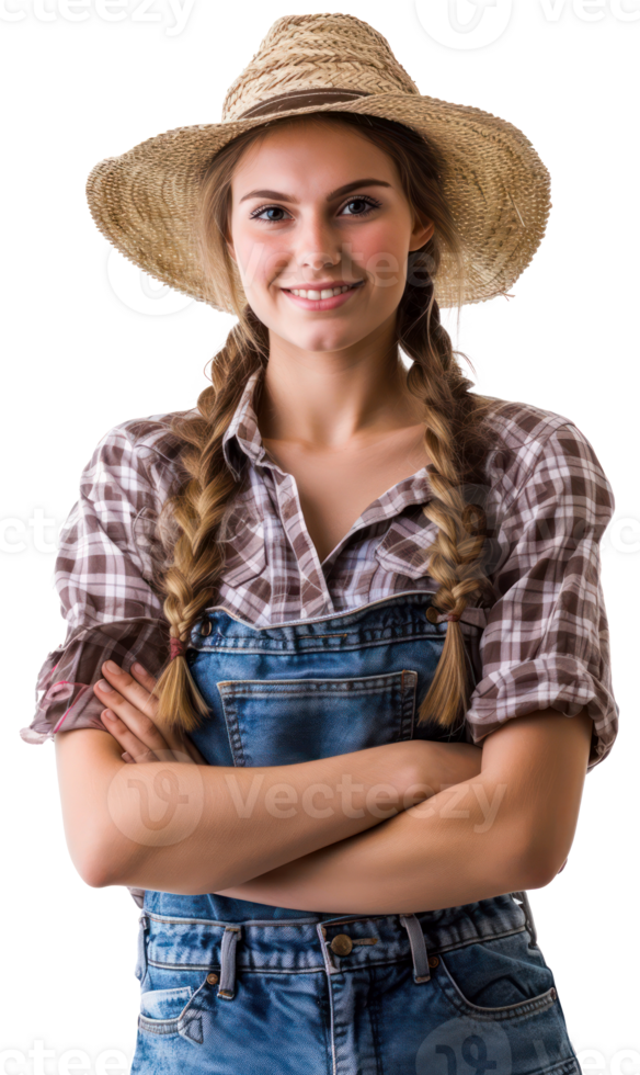 AI generated Smiling young woman in denim overalls and straw hat on transparent background png