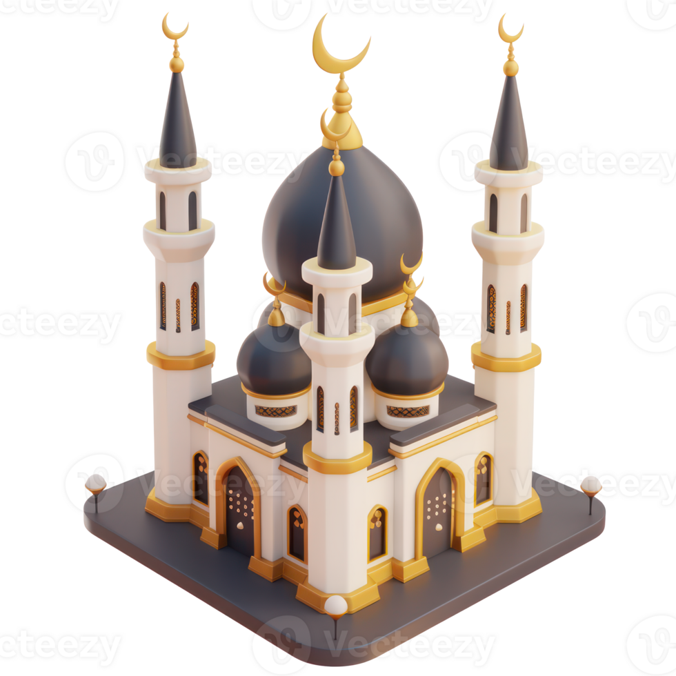 AI generated Grand Islamic mosque architecture with minarets and golden crescents. Ramadan day concept with transparent background png