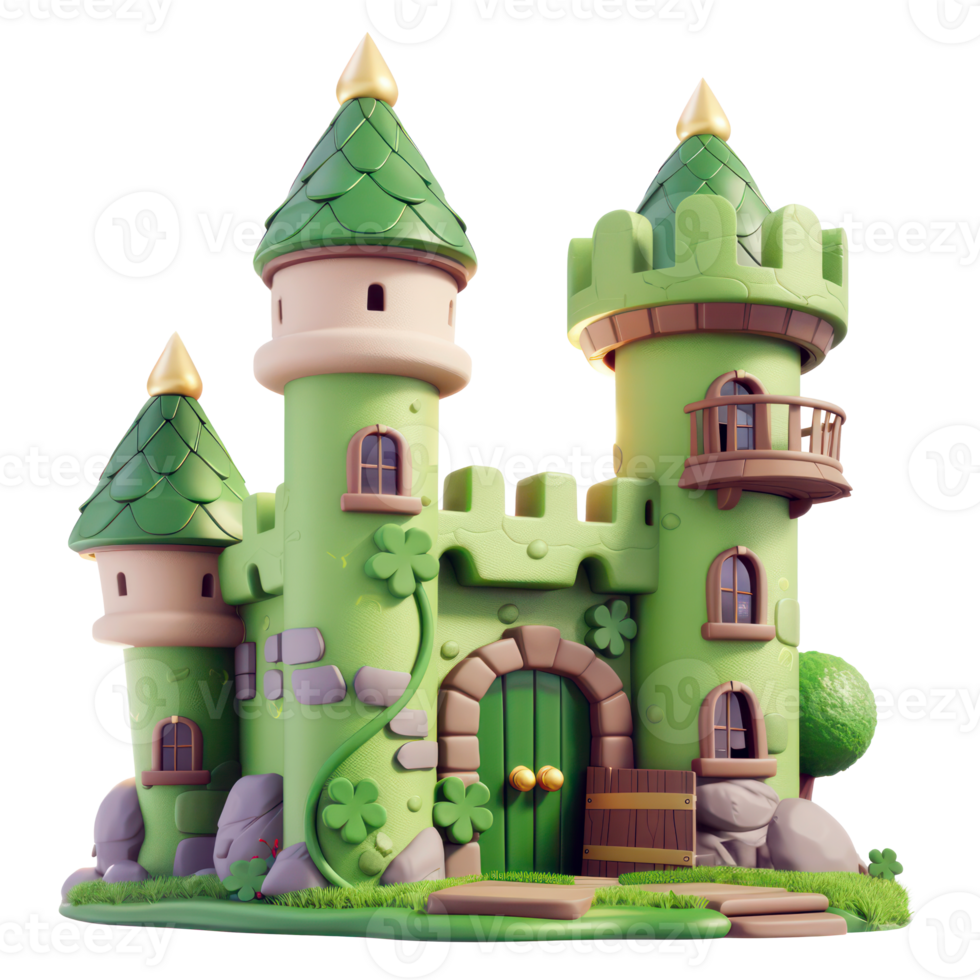 AI generated Whimsical green fantasy castle with enchanted towers. St. Patrick's day concept on transparent background png