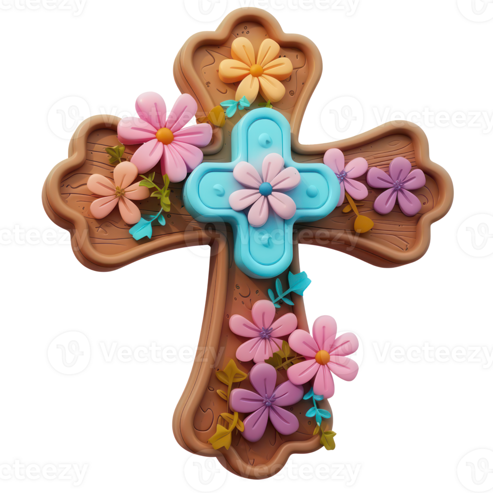 AI generated Floral decorated cross for Easter spring religious celebration. Easter day concept with transparent background png