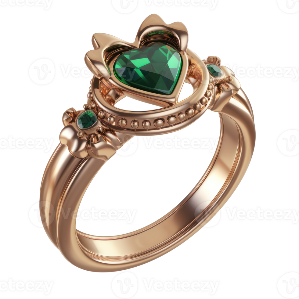 AI generated Luxurious heart-shaped emerald ring with gold detailing. St. Patrick's day concept on transparent background png