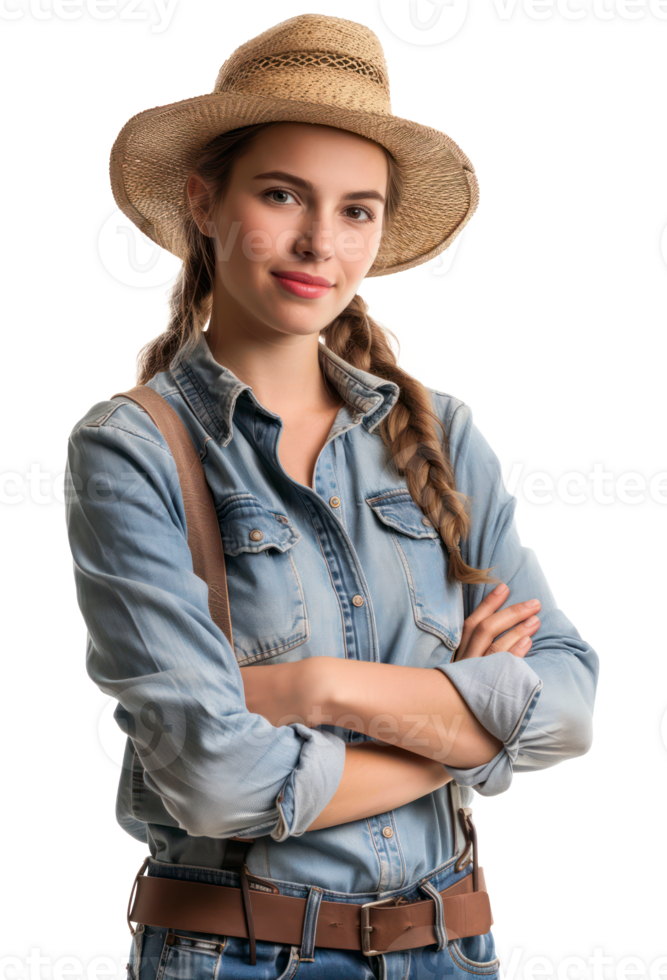 AI generated Smiling young woman in denim overalls and straw hat on transparent background png