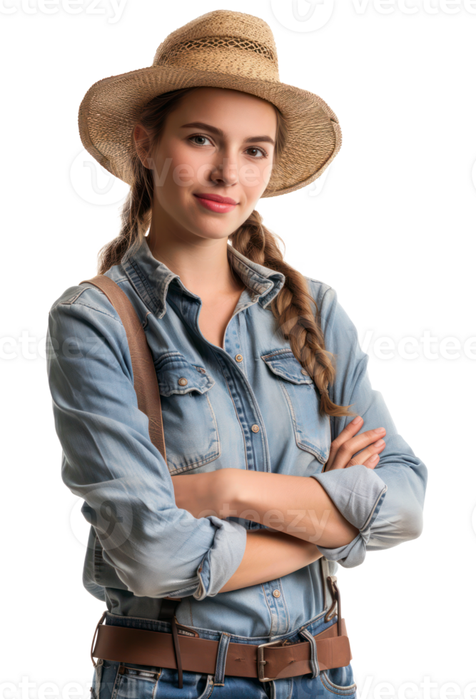 ai gegenereerd glimlachen jong vrouw in denim overall en rietje hoed Aan transparant achtergrond png