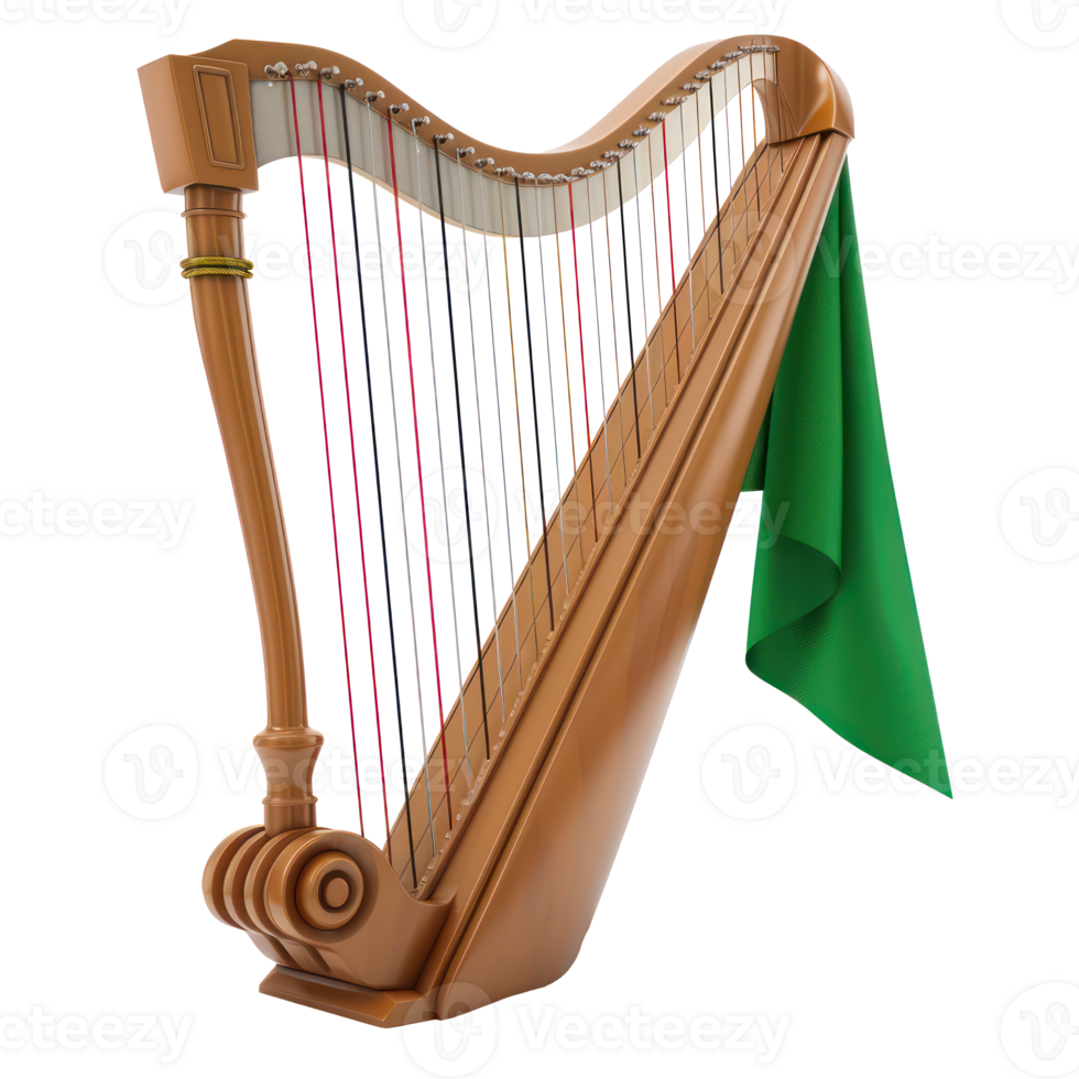 ai gerado tradicional irlandês harpa com verde faixa e dourado sotaques. st. patrick's dia conceito em transparente fundo png