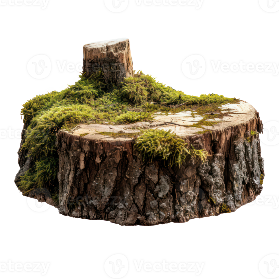 AI generated Old tree stump covered with green moss in natural forest setting on transparent background png