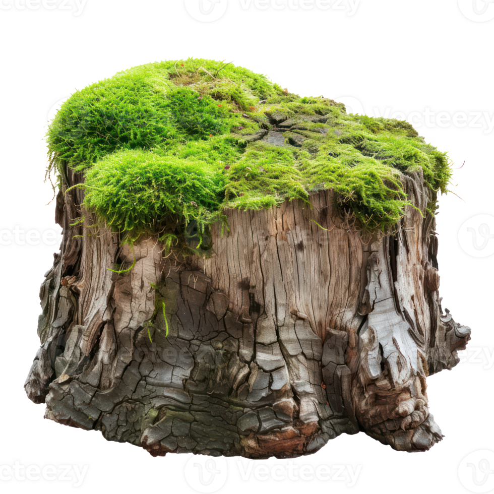 AI generated Old tree stump covered with green moss in natural forest setting on transparent background png