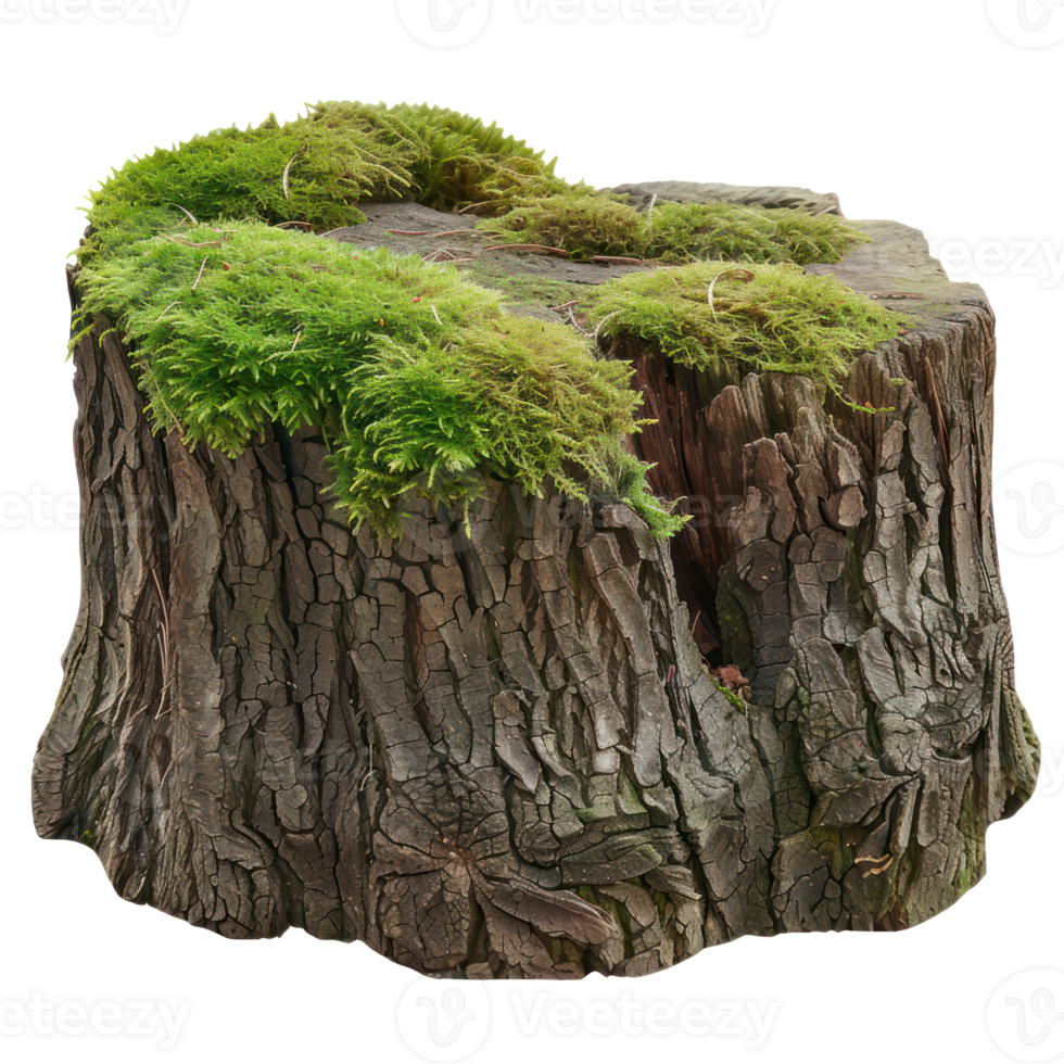 AI generated Old tree stump covered with green moss in natural forest setting on transparent background png