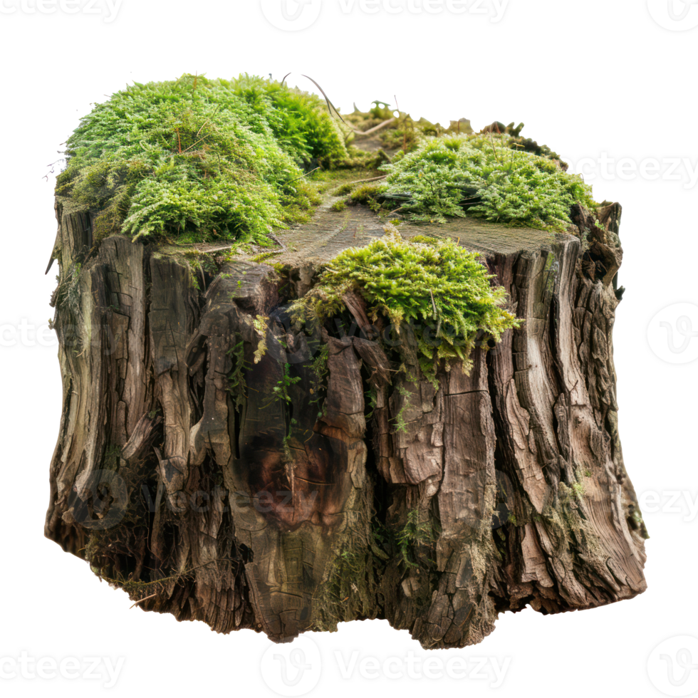 AI generated Old tree stump covered with green moss in natural forest setting on transparent background png