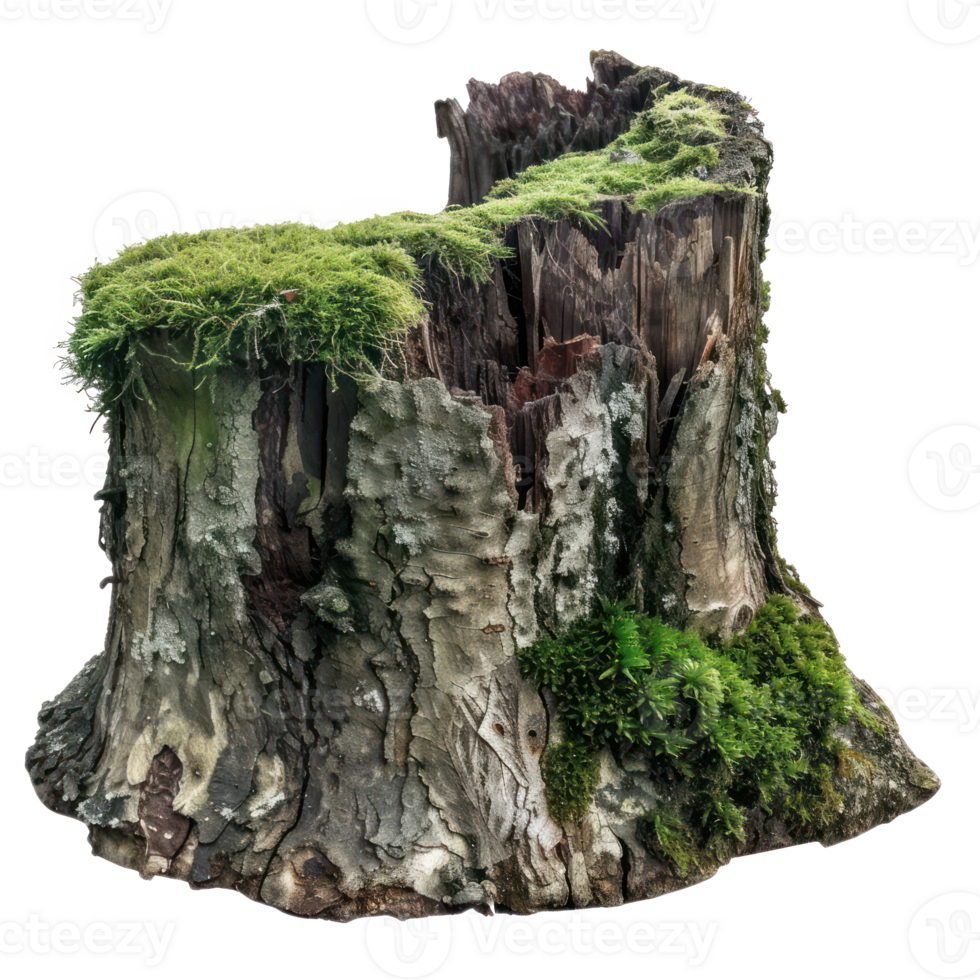 AI generated Old tree stump covered with green moss in natural forest setting on transparent background png