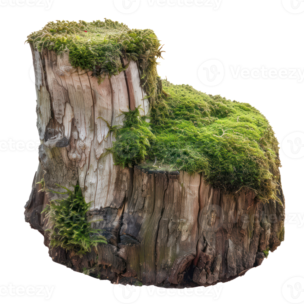 AI generated Old tree stump covered with green moss in natural forest setting on transparent background png