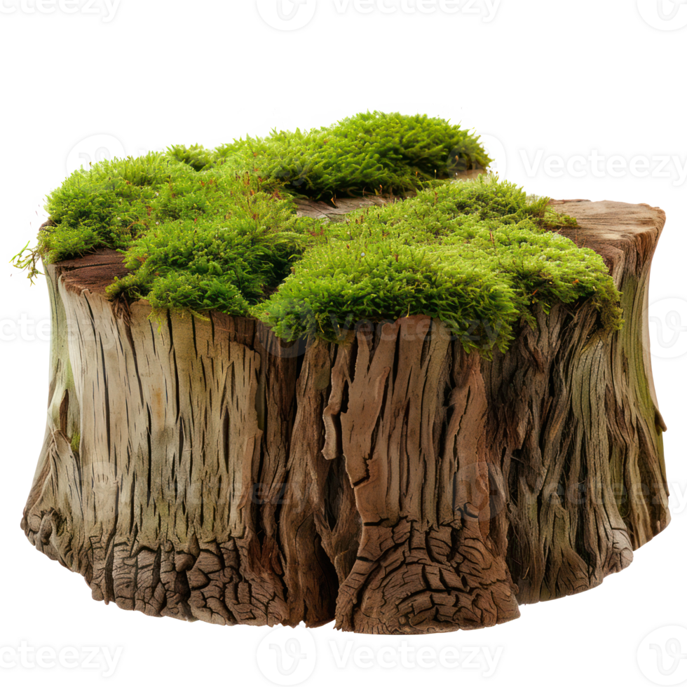 AI generated Old tree stump covered with green moss in natural forest setting on transparent background png