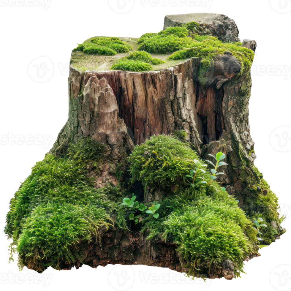AI generated Old tree stump covered with green moss in natural forest setting on transparent background png