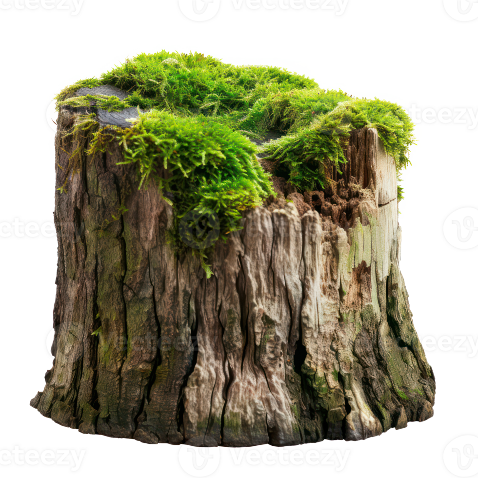 AI generated Old tree stump covered with green moss in natural forest setting on transparent background png