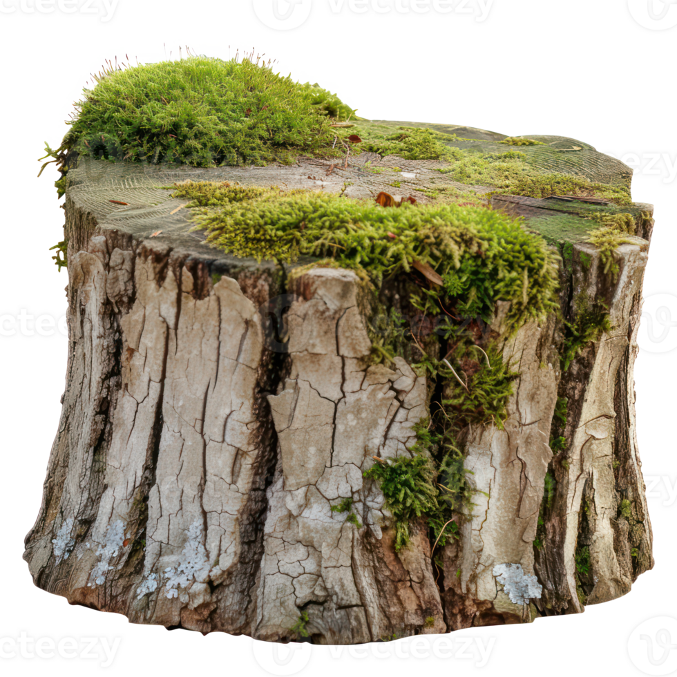AI generated Old tree stump covered with green moss in natural forest setting on transparent background png