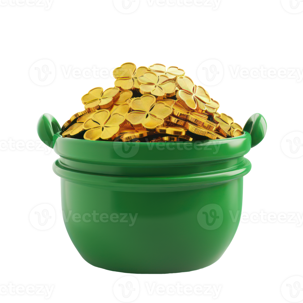 AI generated Leprechaun's pot of shiny gold coins for fortune and luck. St. Patrick's day concept on transparent background png
