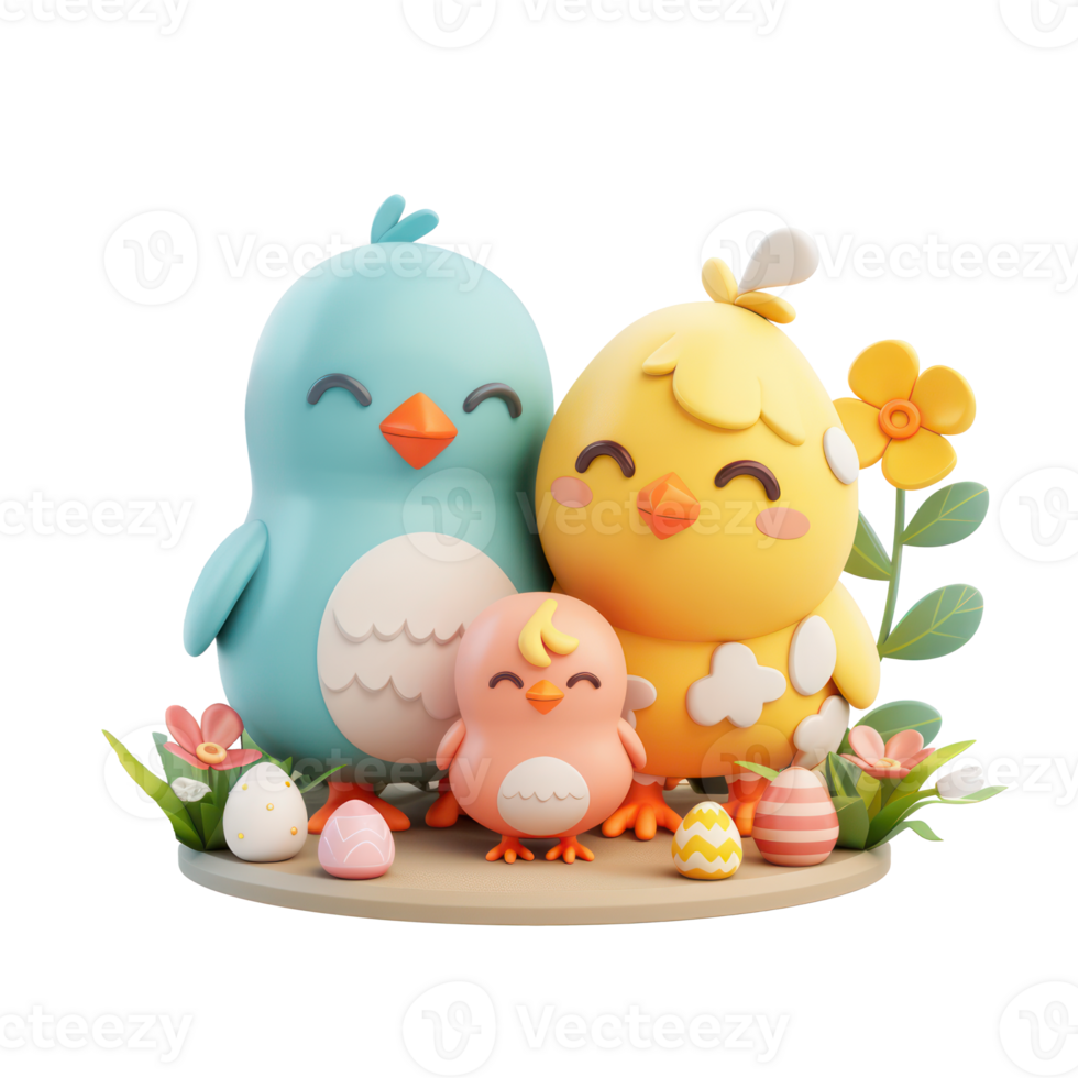 AI generated Cute Easter chicks family with spring flowers and decorated eggs. Easter day concept with transparent background png